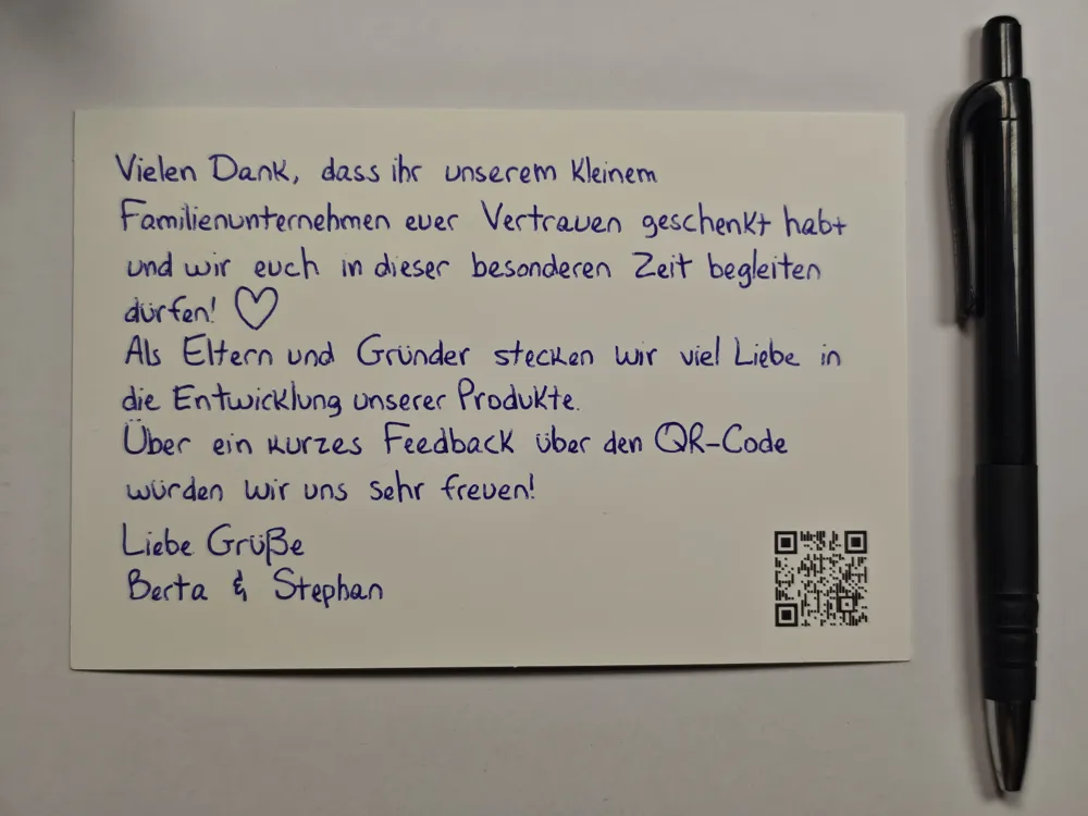 Handwritten card with a QR code on the handwritten side